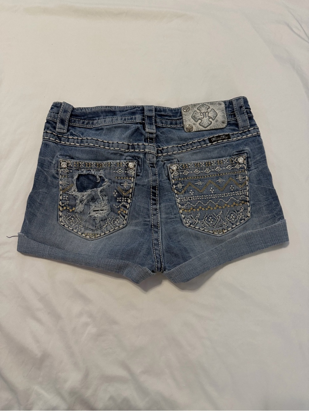 Miss Me Blue Embroidered Distressed Denim Shorts